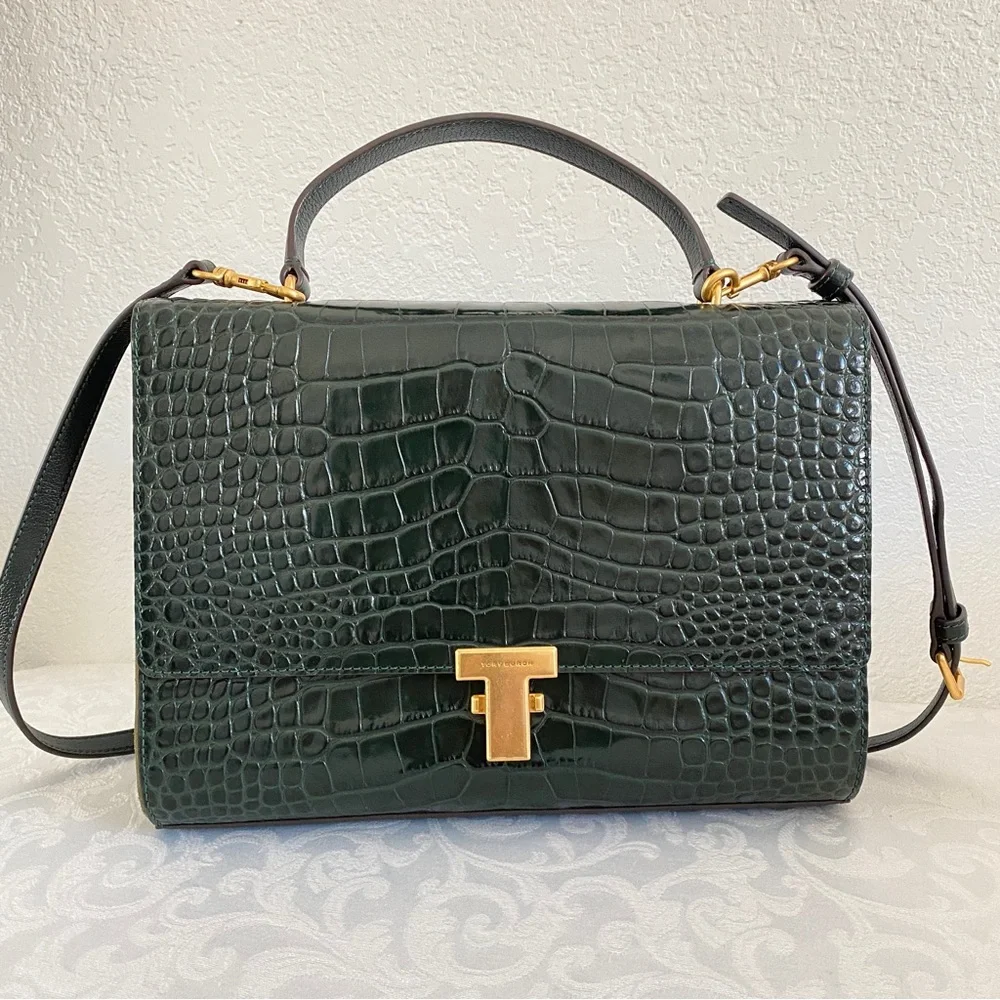 Tory Burch deep green croc 2 way bag